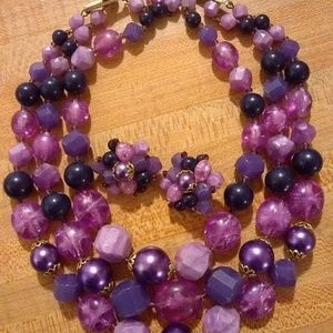 vintage germany purple beaded necklace earring set